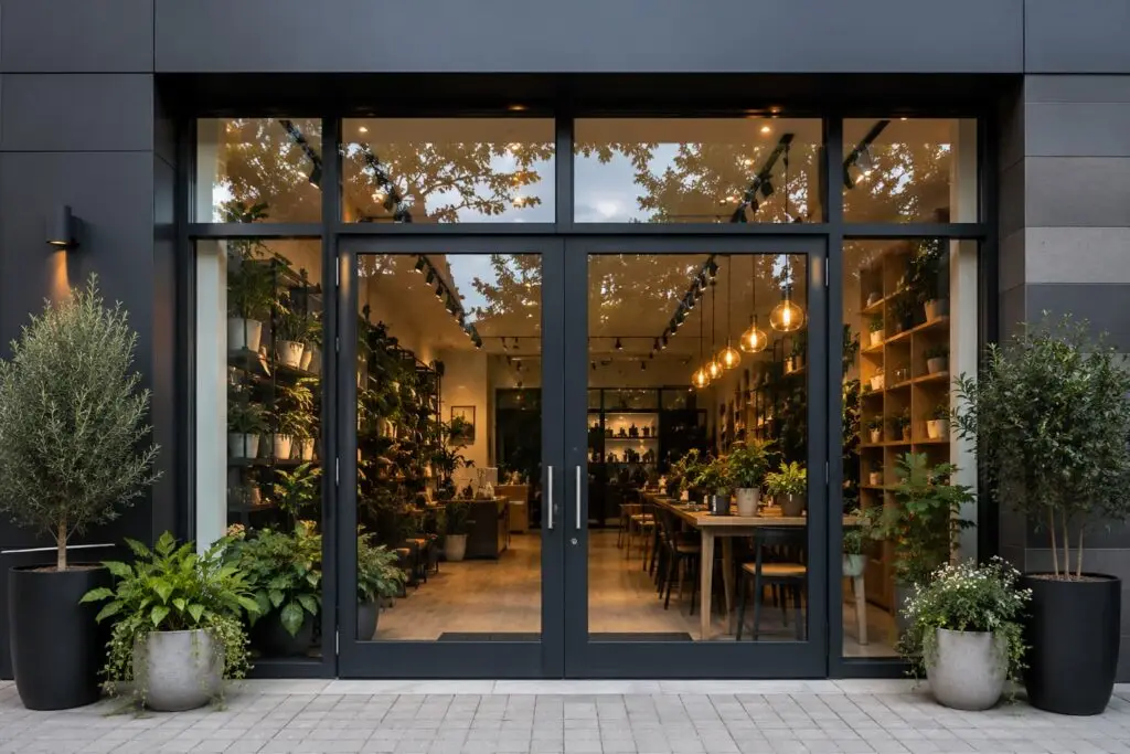 Moderne butik med store glasvinduer og indbydende facade i stilrent design.
