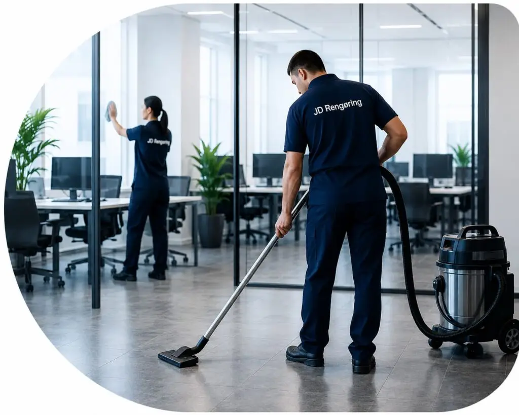 Professionel erhvervsrengøring i moderne kontormiljø med fokus på kvalitet, stabile løsninger og rene arbejdsområder.
