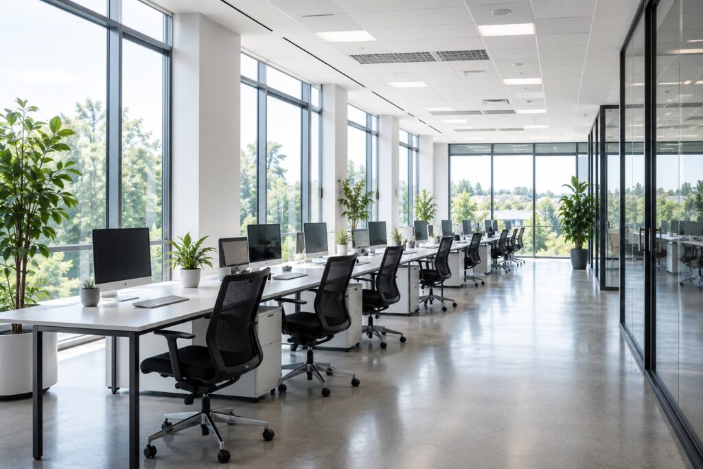 Lyst moderne kontormiljø med store glasvinduer og stilrene arbejdsområder.