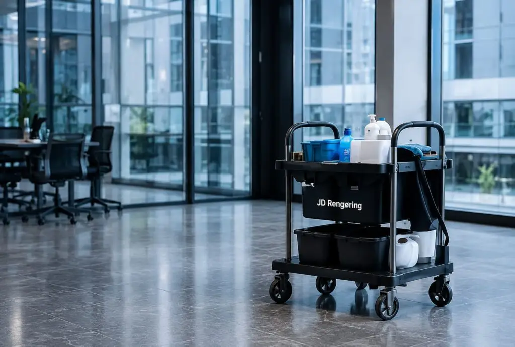 Professionel rengøringsvogn fra JD Rengøring placeret i moderne kontormiljø med fokus på kvalitet, struktur og rene arbejdsområder.