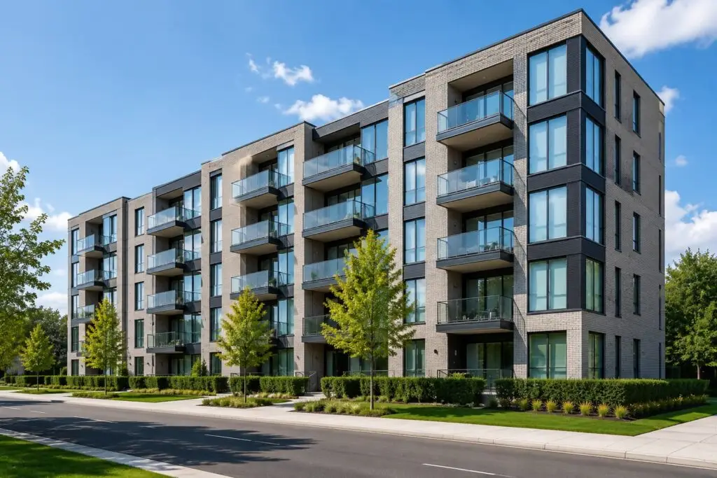 Moderne lejlighedsbygning med store vinduer og altaner i lyst boligområde.