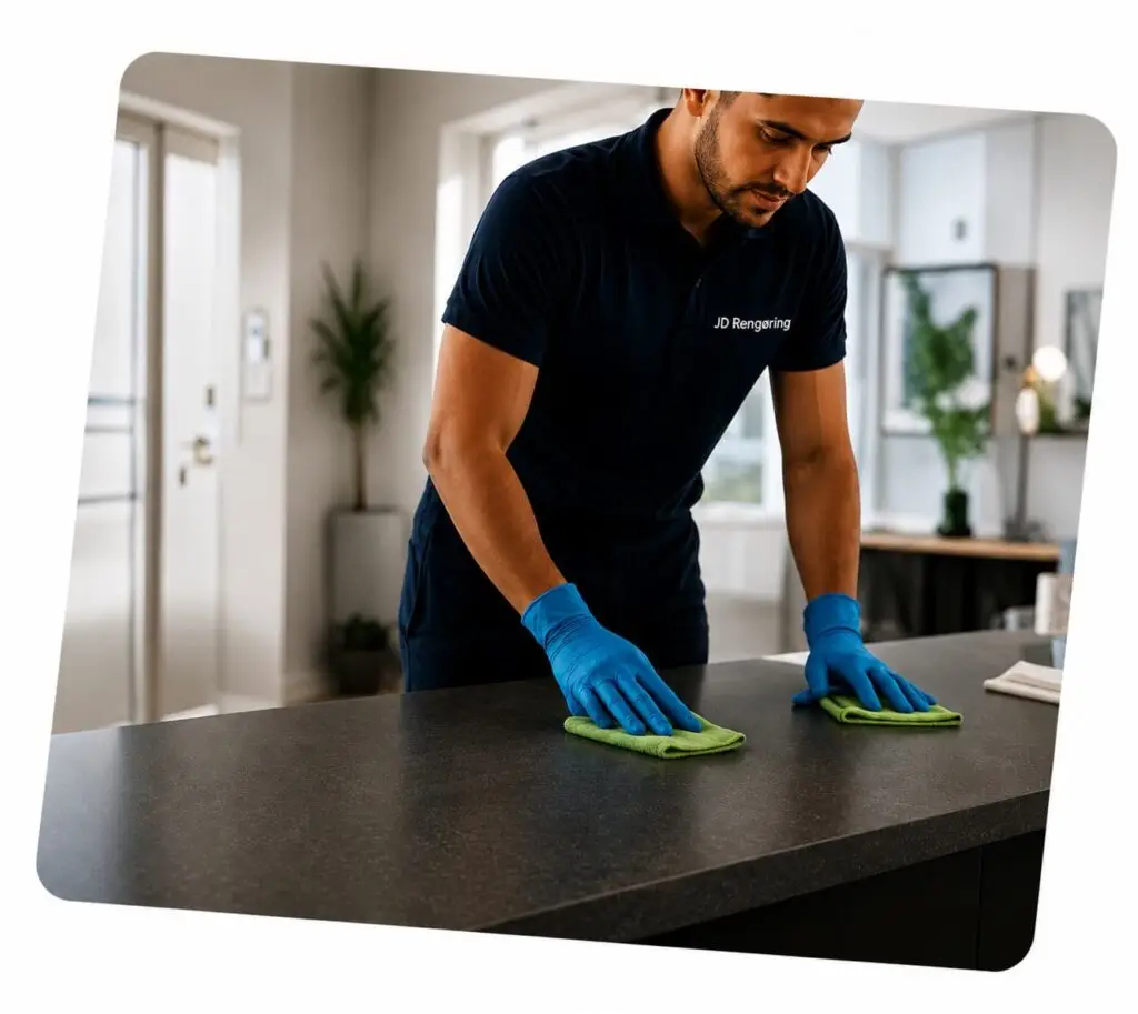 Mand fra JD Rengøring rengør mørk køkkenoverflade med mikrofiberklude i moderne hjem.