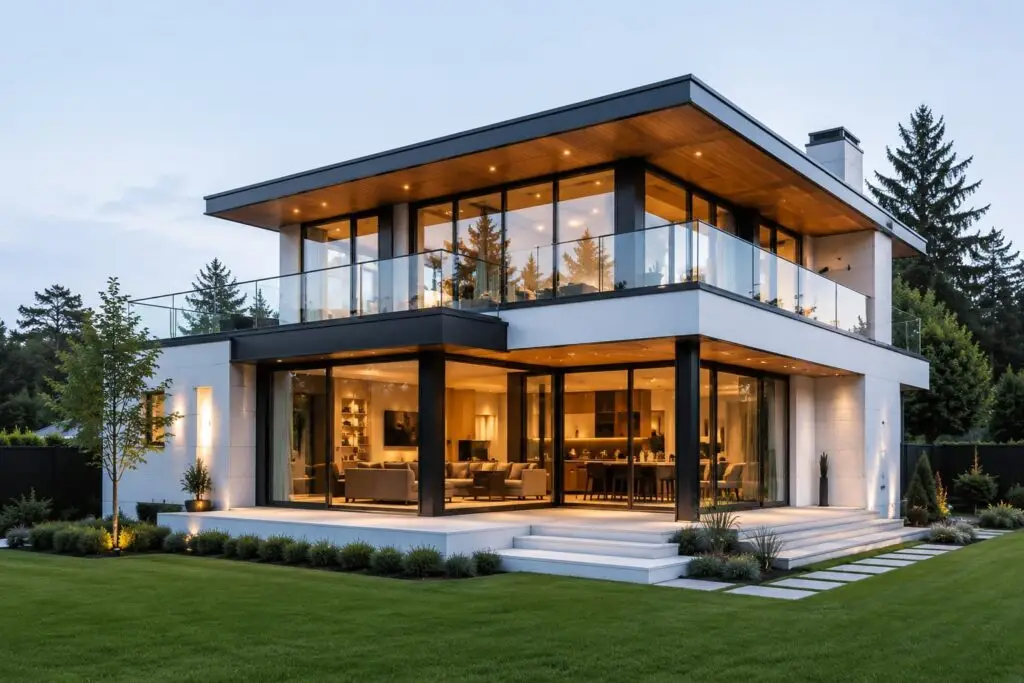 Moderne villa med store glasvinduer og stilrent design i eksklusivt boligområde.