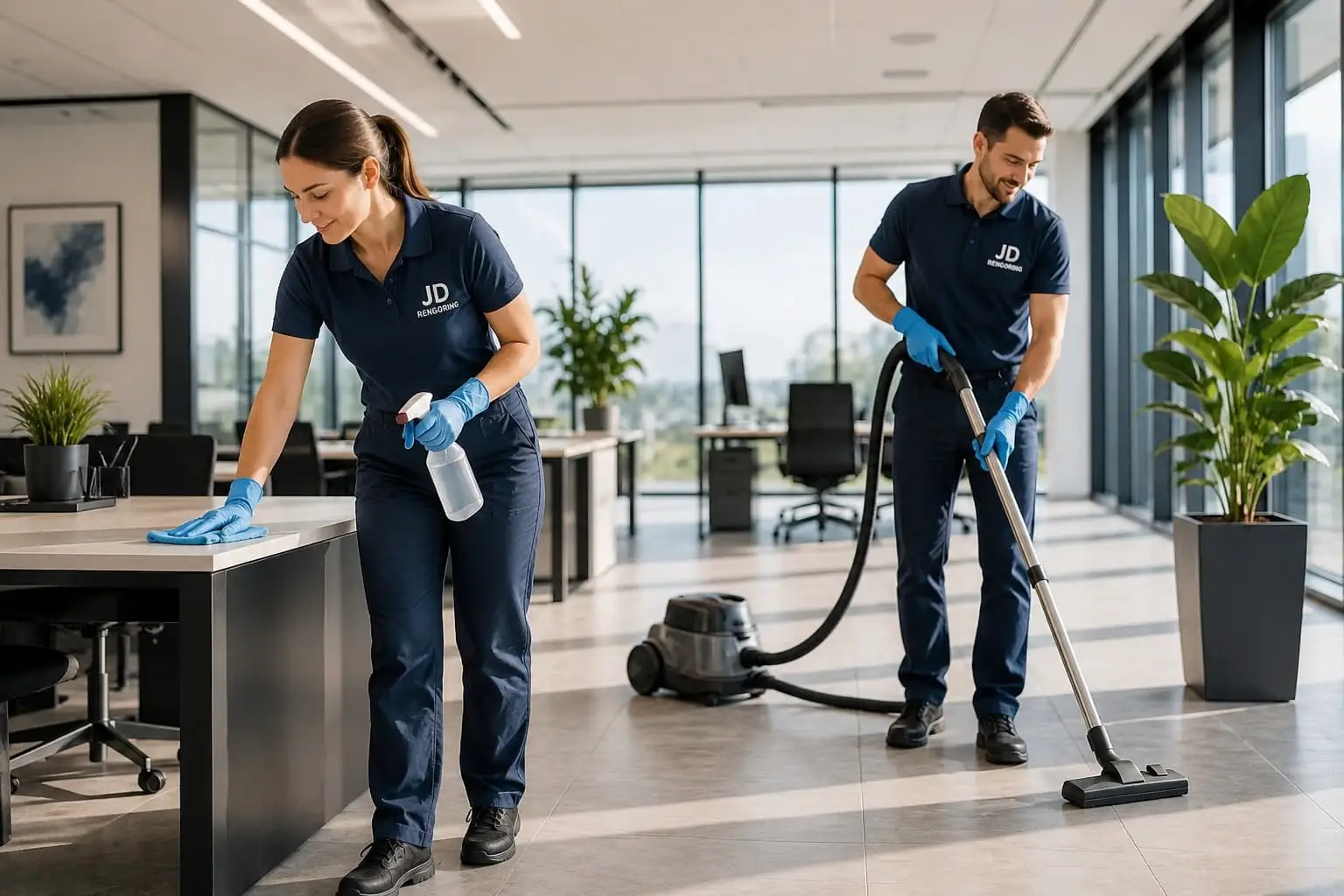 Professionelt rengøringsteam fra JD Rengøring udfører grundig rengøring i moderne hjem med fokus på kvalitet og detalje.